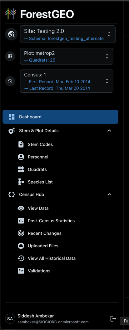 sidebar after selecting site/plot/census