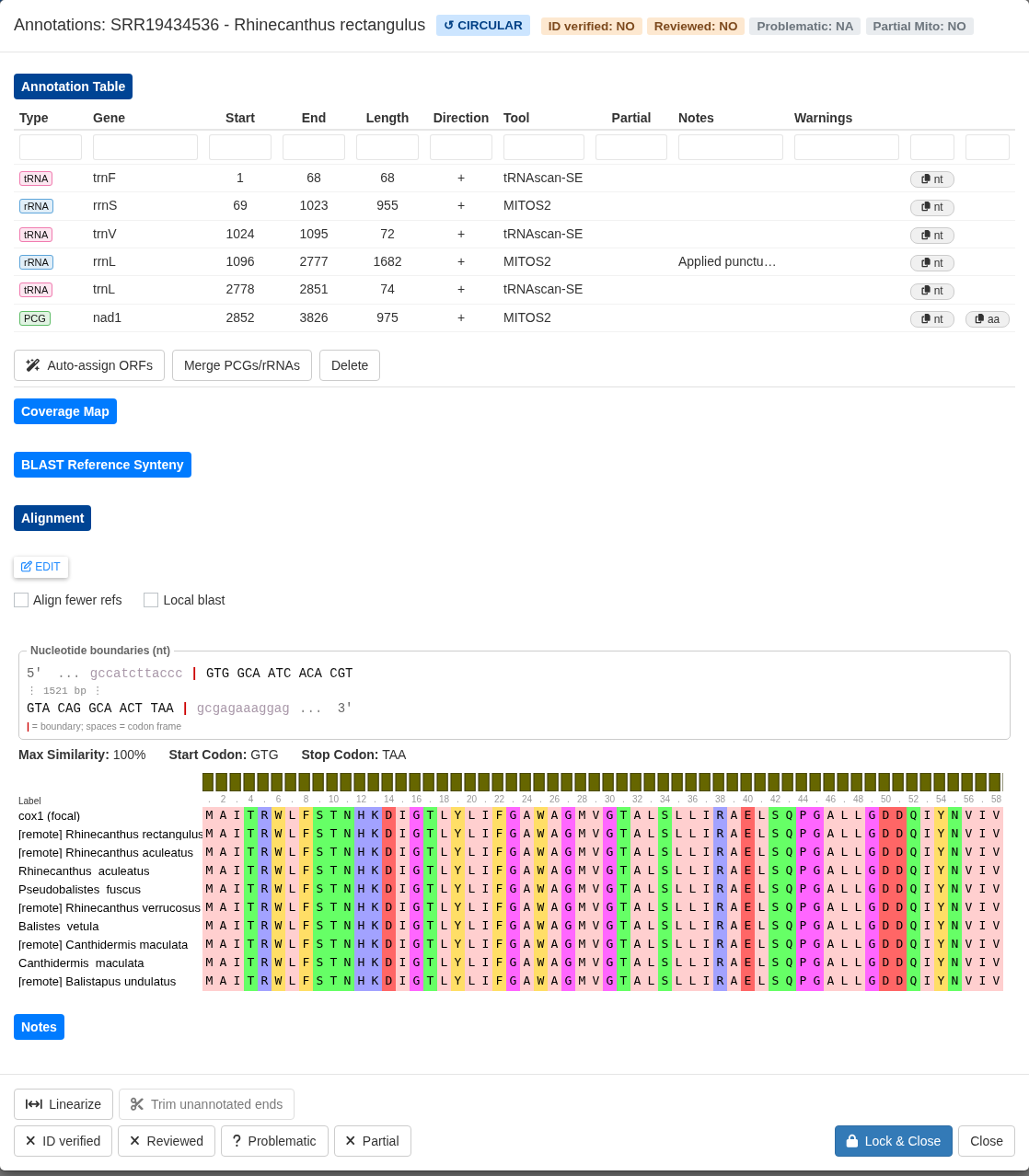 Protein alignment of a gene against its reference hits