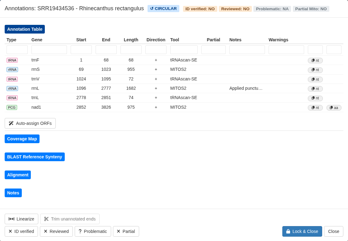 Annotation details window with the gene table