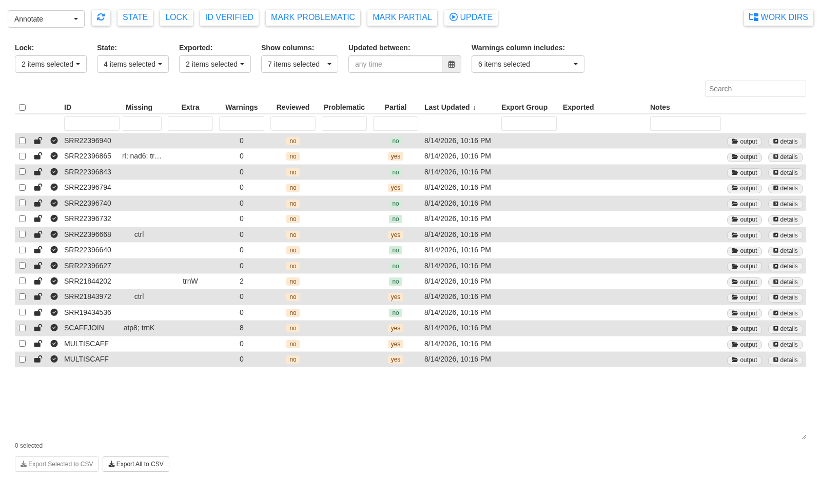 Annotate table showing missing genes, extra genes, and warning counts