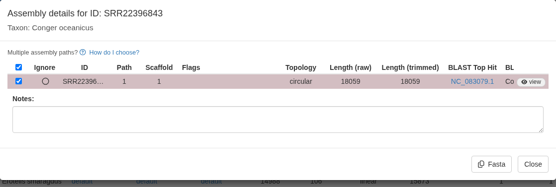 Assembly details for a sample with one clean assembly