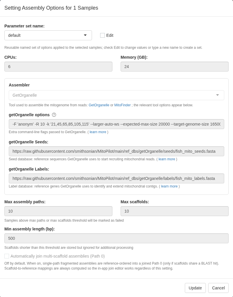 Assembly options window