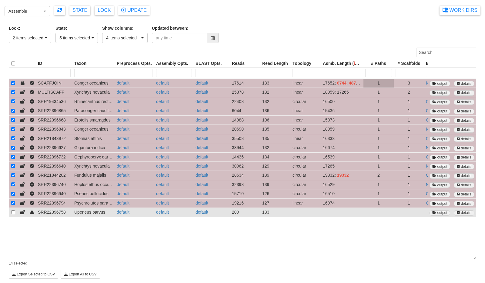 Sample table with successful samples selected for locking