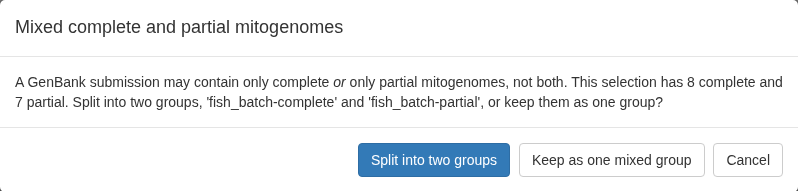 Warning about mixing complete and partial mitogenomes in one group