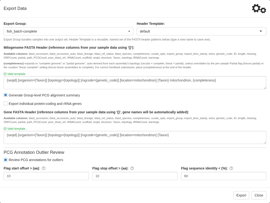Export Data window with header template and output options
