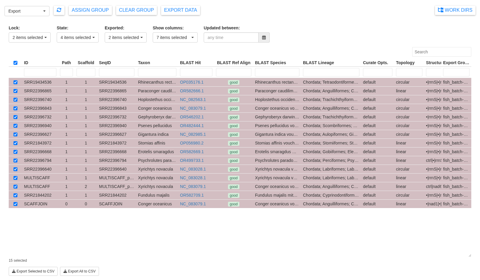 Export table with samples assigned to groups