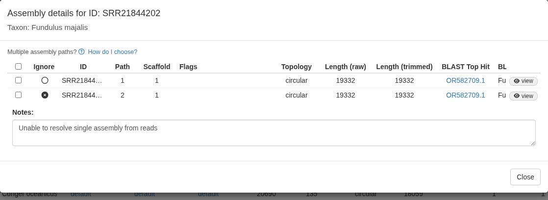 Assembly details with the second path marked ignored