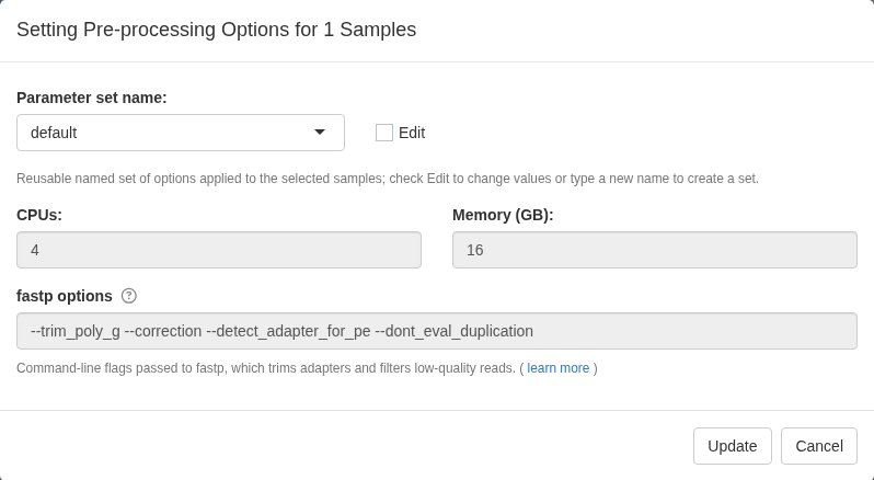 Preprocess options window