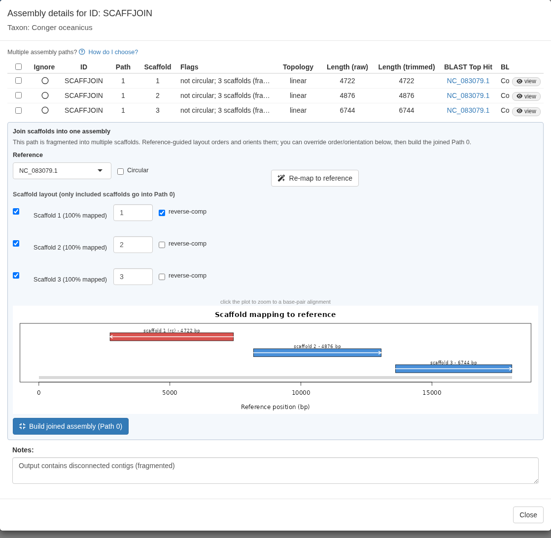 Scaffold join editor showing three scaffolds mapped to one reference