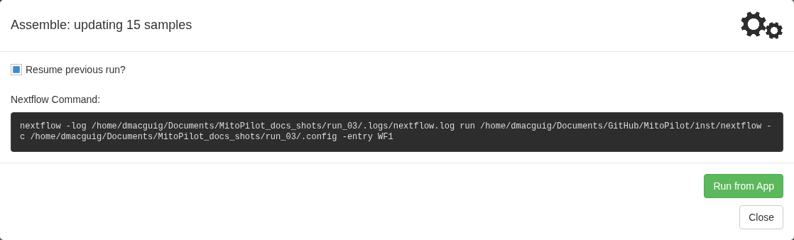 Update window showing the Nextflow command and Run from App button