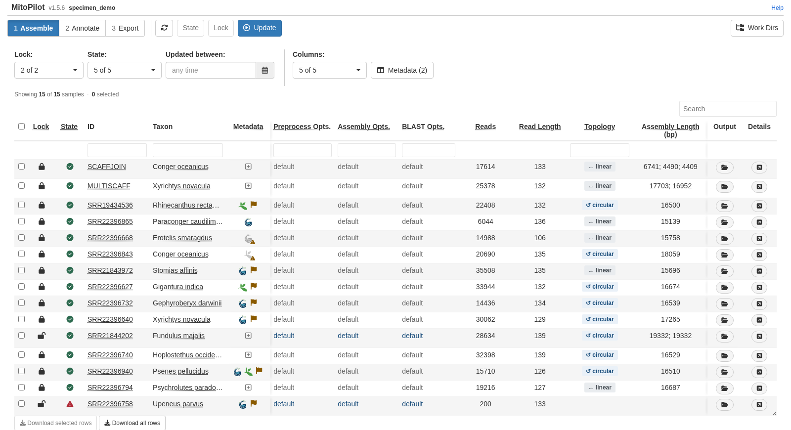 Assemble table with the Metadata column showing fetched, failed, conflict, and empty samples