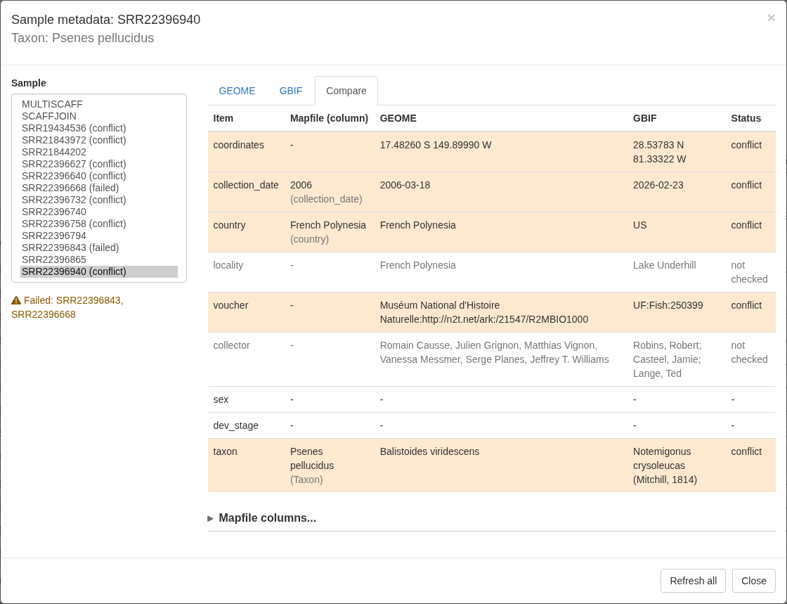 Compare tab with a country conflict and a collector that was not checked