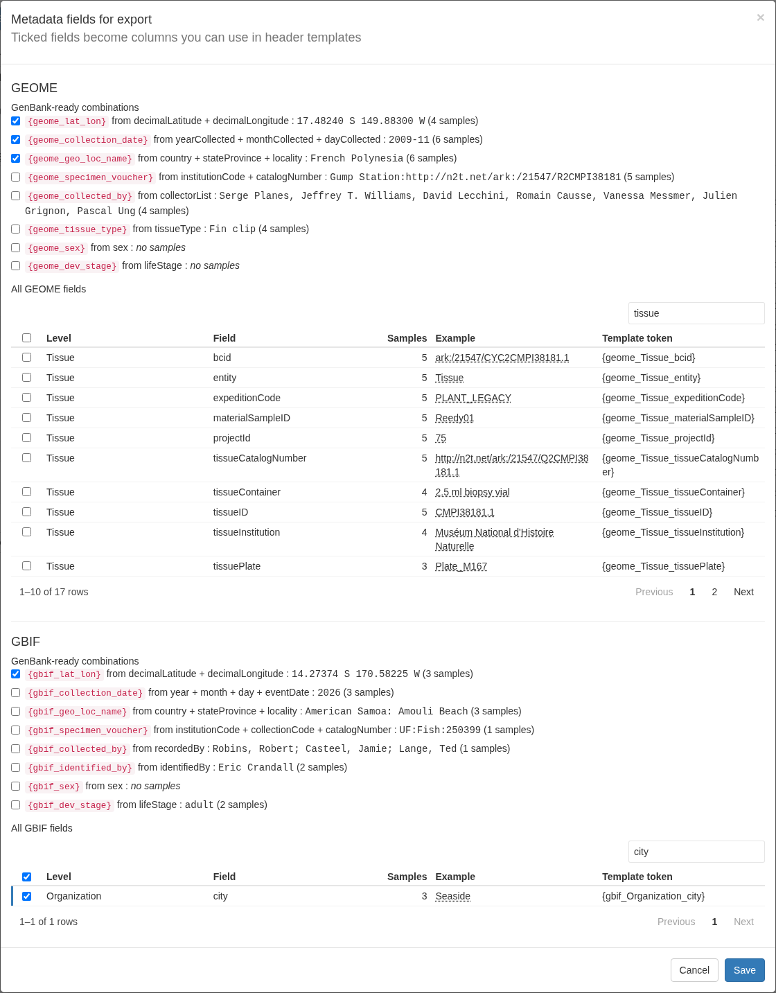 Metadata fields window with GEOME and GBIF sections