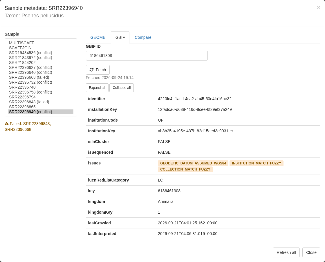 Sample metadata viewer, GBIF tab, with the occurrence issues shown as badges