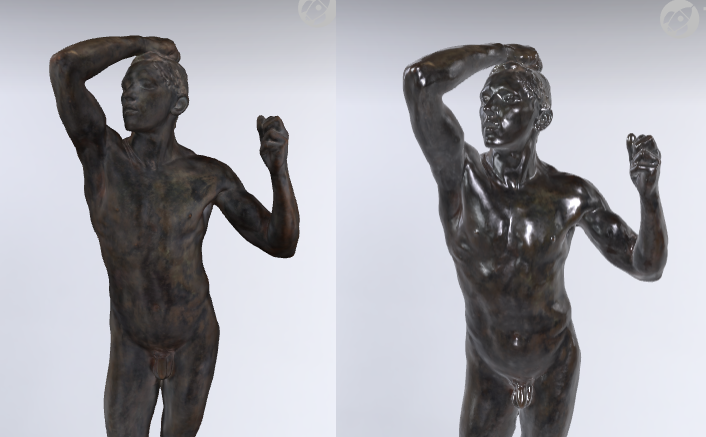 comparison rendering of The Age of Bronze with without and with Kintsugi showing better specular highlights