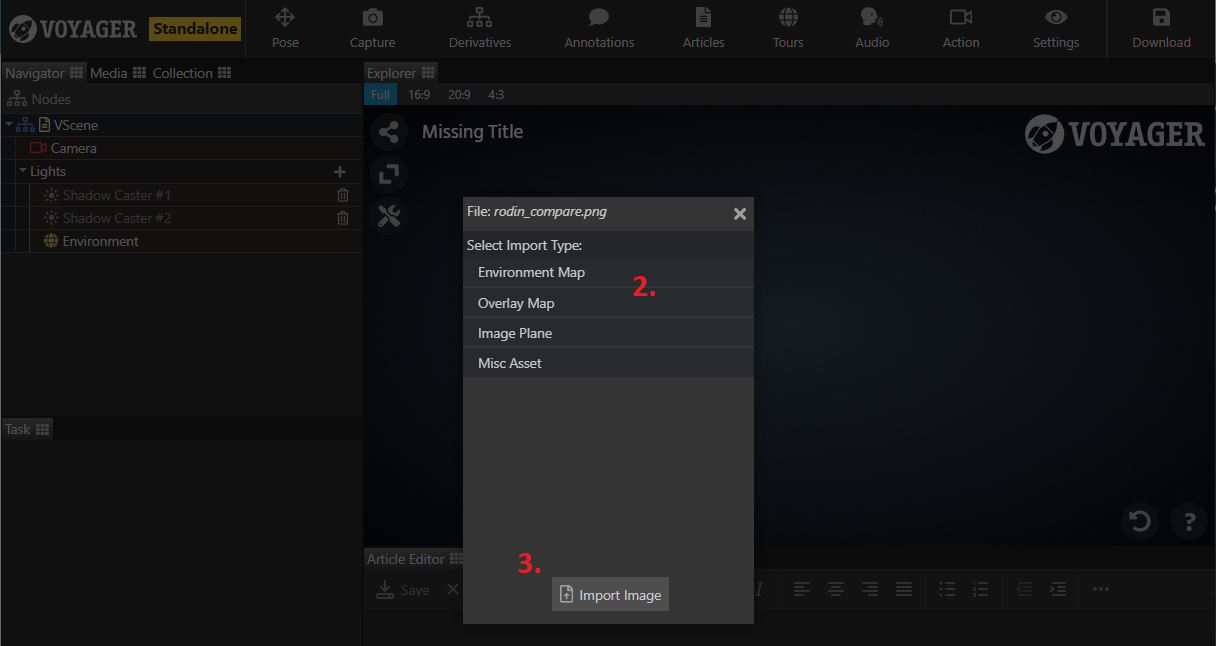 Numbered diagram showing the location of the import options and import confirmation buttons