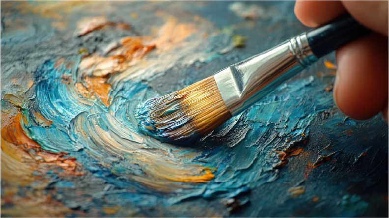 A hand holding a paintbrush applies oil paint to a canvas